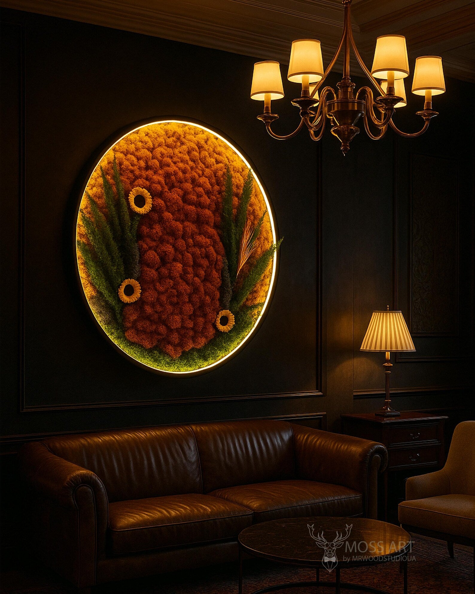 Illuminated Autumn Moss Wall Art – Handmade Round Preserved Moss Panel with LED Lighting for Home & Office Décor