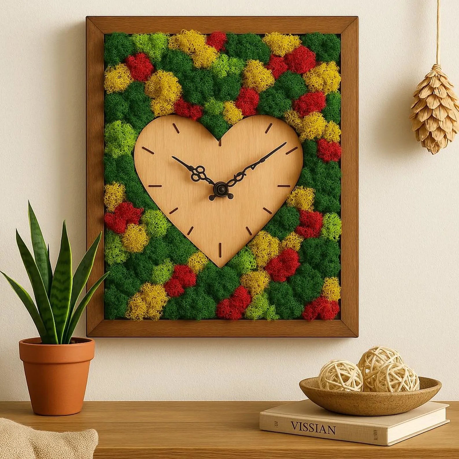 Moss Wall Clock – Handmade Wooden Clock with Preserved Moss, Eco Home Decor