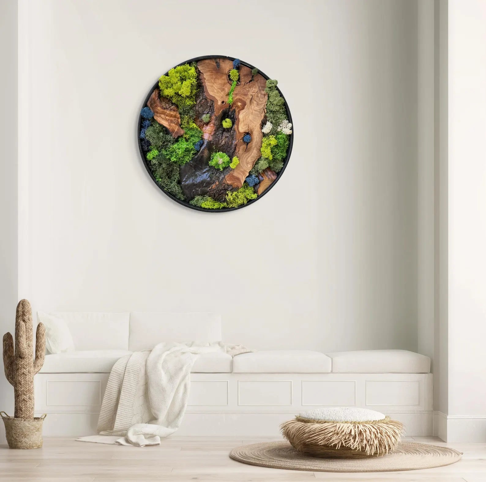 Moss and Olive Wood Wall Art – Metal Frame Preserved Moss Home Decor