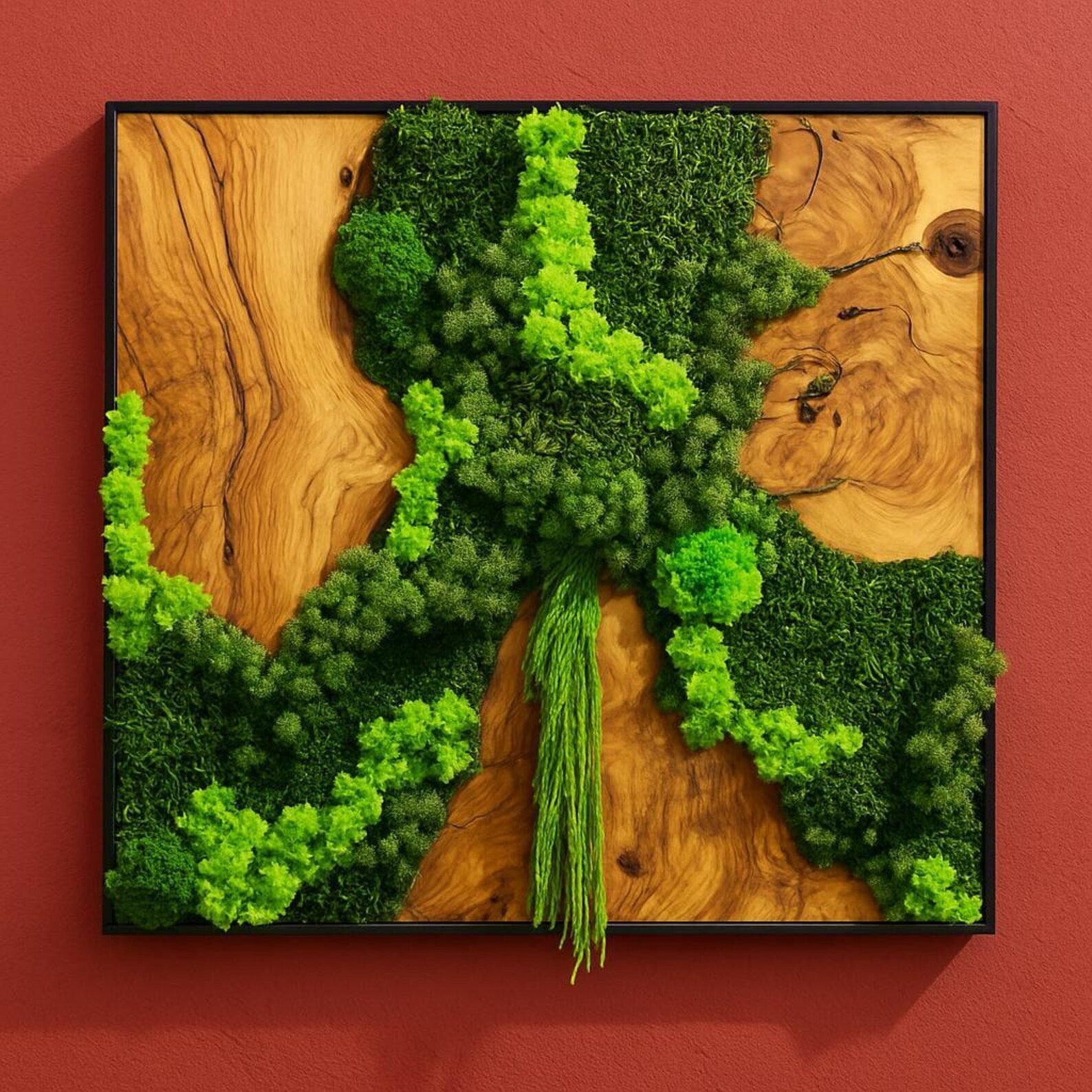 Preserved Moss and Olive Wood Wall Art – Biophilic Black Frame Wall Decor for Home or Office