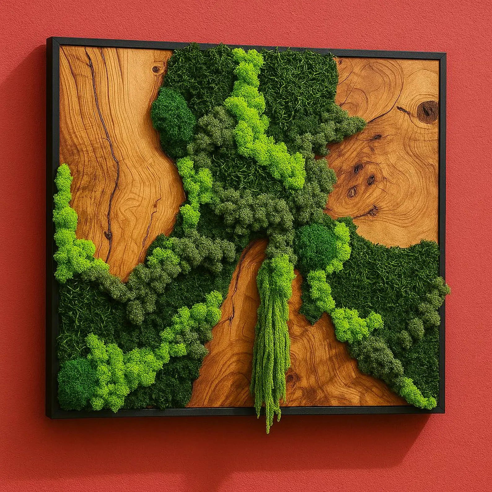 Preserved Moss and Olive Wood Wall Art – Biophilic Black Frame Wall Decor for Home or Office