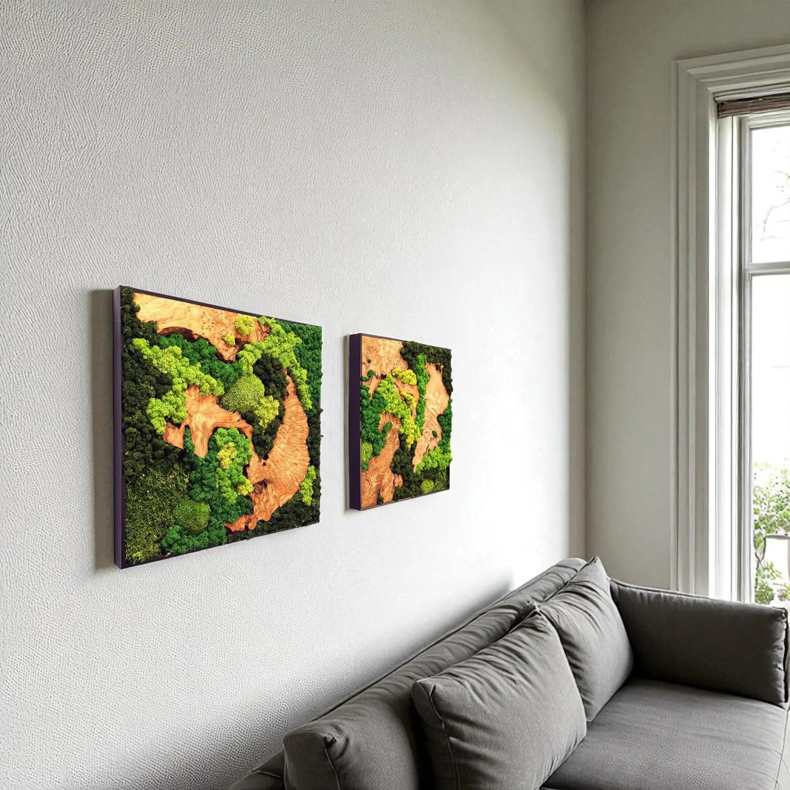 Moss and Wood Wall Decor – Rustic Green Moss Wall Art, Eco-Friendly Botanical Wall Hanging for Living Room