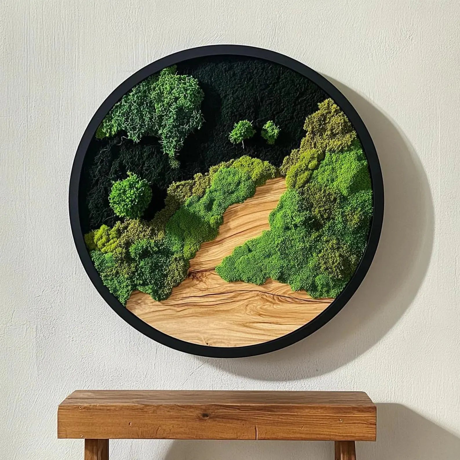 Handmade Moss Wall Art – Dark Preserved Moss with Natural Wood Accent | Premium Botanical Decor (Sizes 24–144)