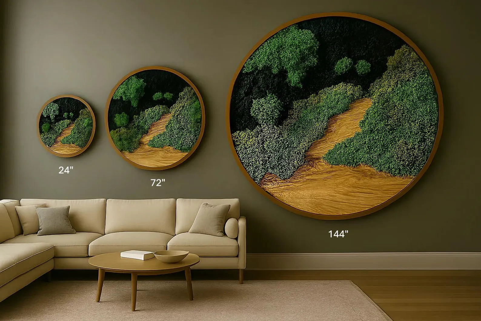 Handmade Moss Wall Art – Dark Preserved Moss with Natural Wood Accent | Premium Botanical Decor (Sizes 24–144)