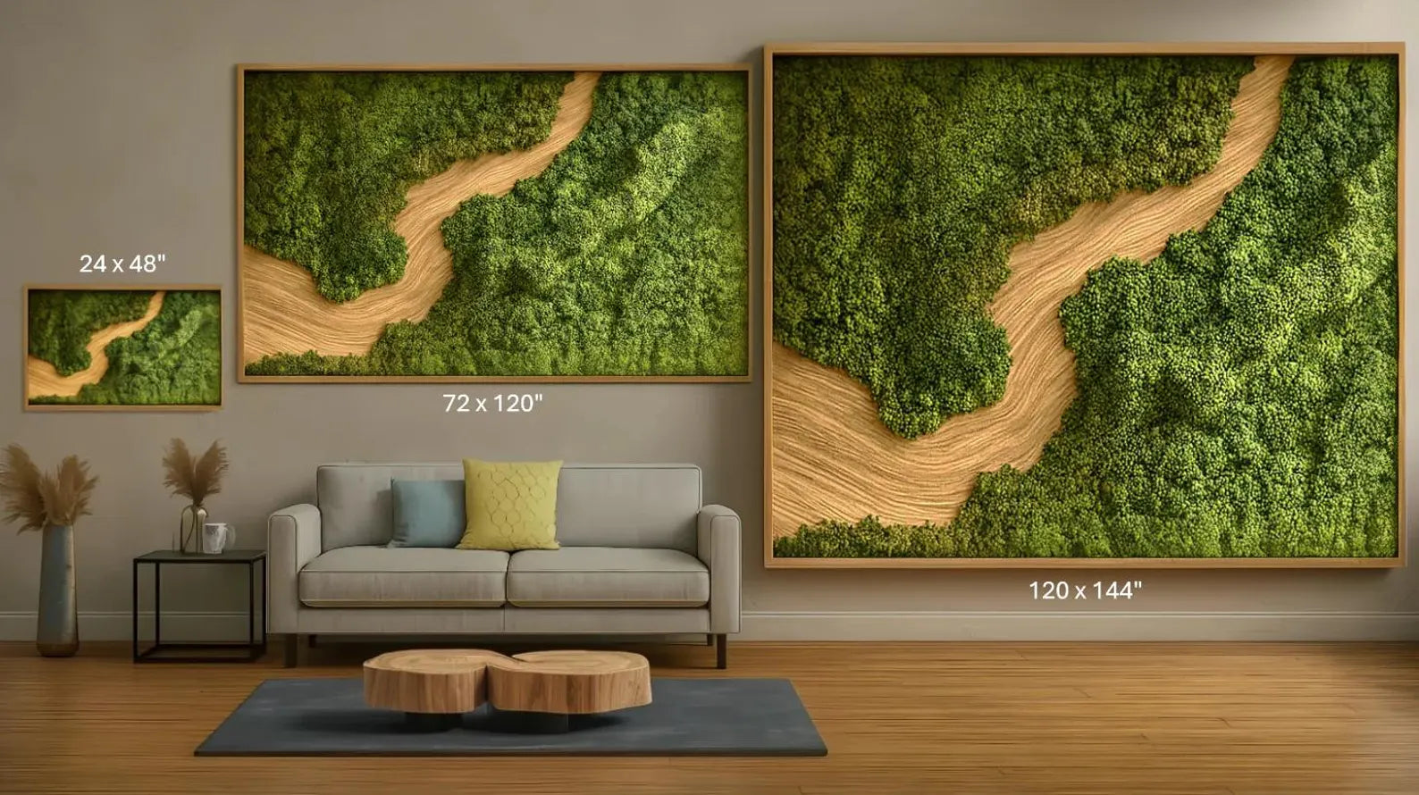Handmade Moss Wall Art – Preserved Light Moss with Natural Wood Accent | Premium Rectangle Decor (24–144")