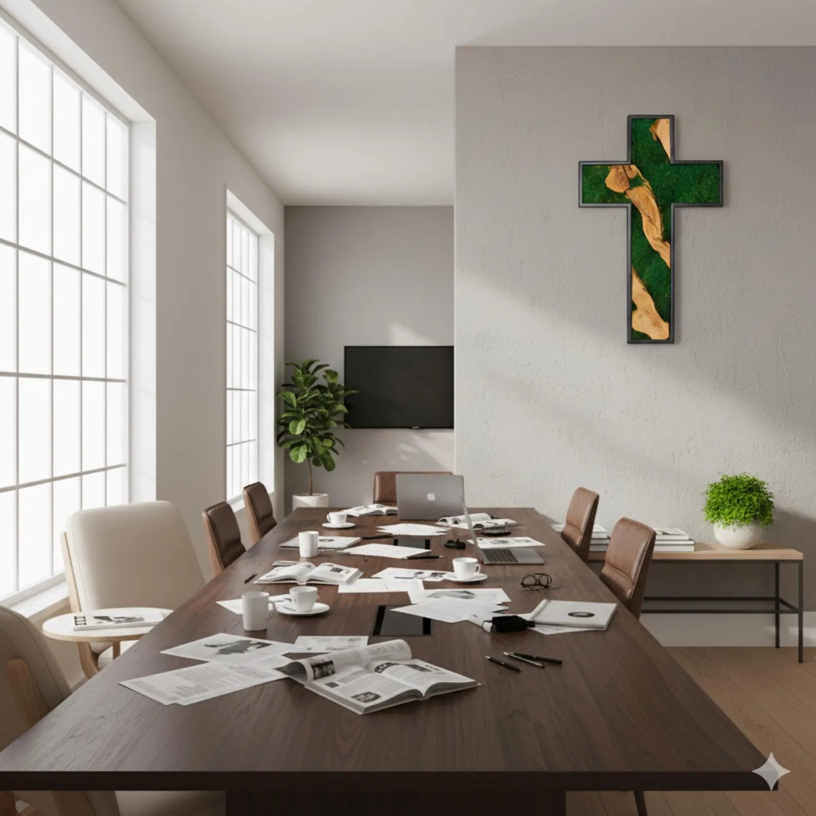 Handmade Olive Wood & Moss Cross Wall Art – Christian Wall Decor, Religious Home Decoration, Natural Wooden Cross with Preserved Moss