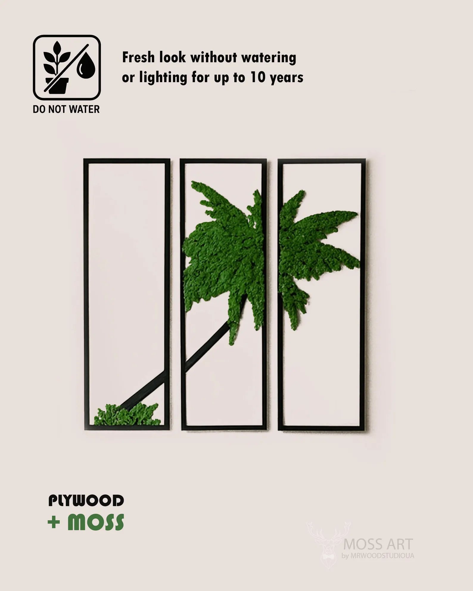 Tropical Moss Wall Art Triptych – Large Preserved Moss Panels with LED