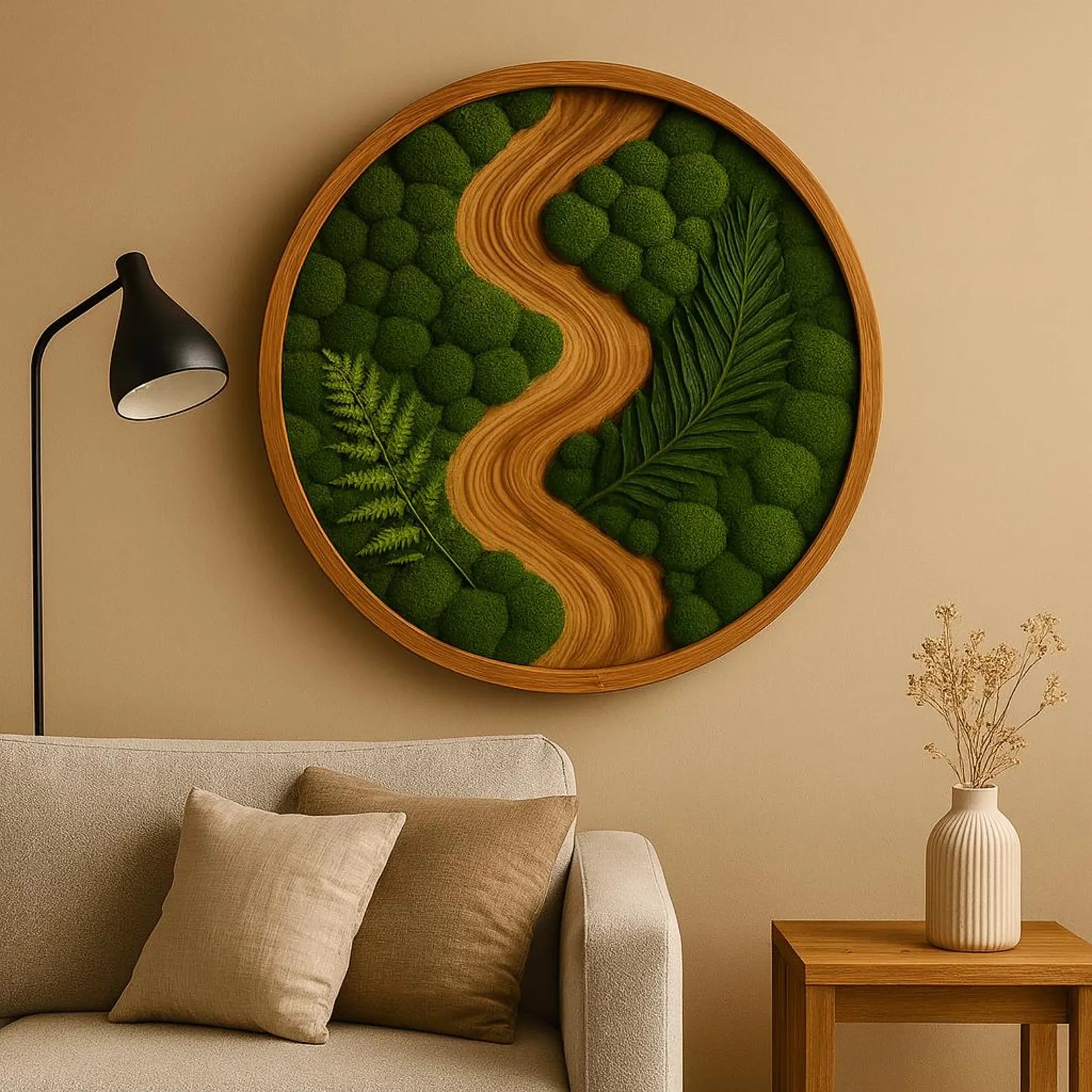 Handmade Preserved Moss Wall Art – Round Frame Natural Home Decor – Unique Green Business Gift