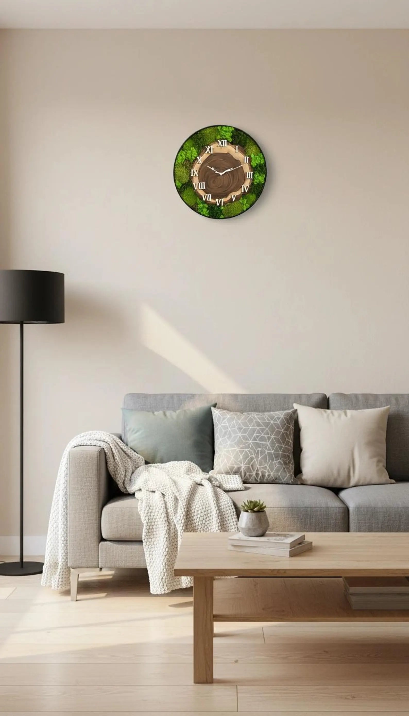 Unique Moss Wall Clock – Modern Metal Frame with Wood Slice Design