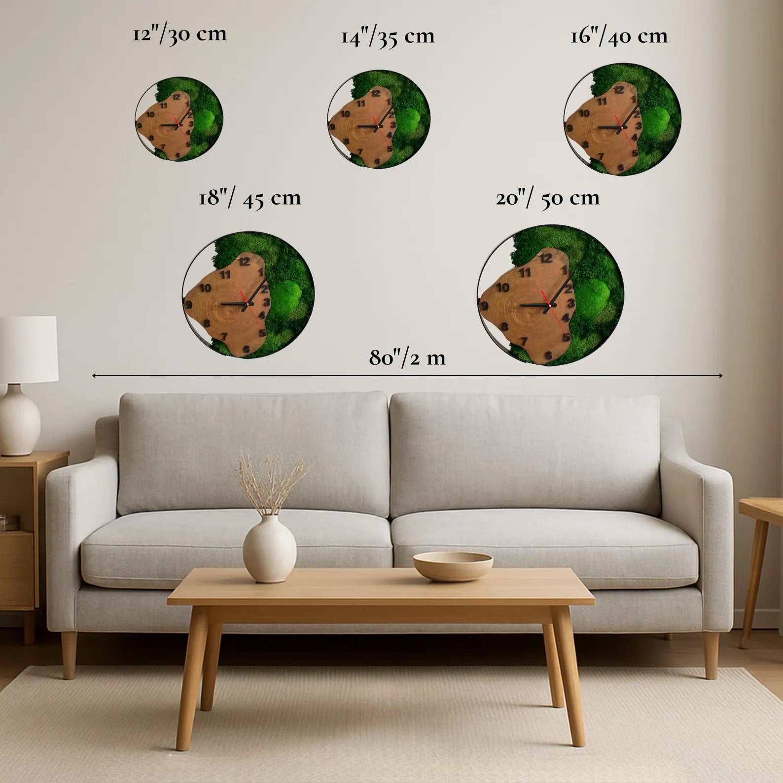 Moss and Wood Wall Clock – Rustic Silent Quartz Clock with Metal Frame, Green Nature Decor Gift