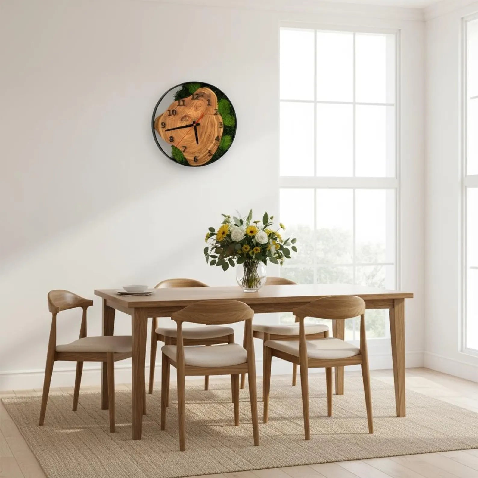 Moss and Wood Wall Clock – Rustic Silent Quartz Clock with Metal Frame, Green Nature Decor Gift