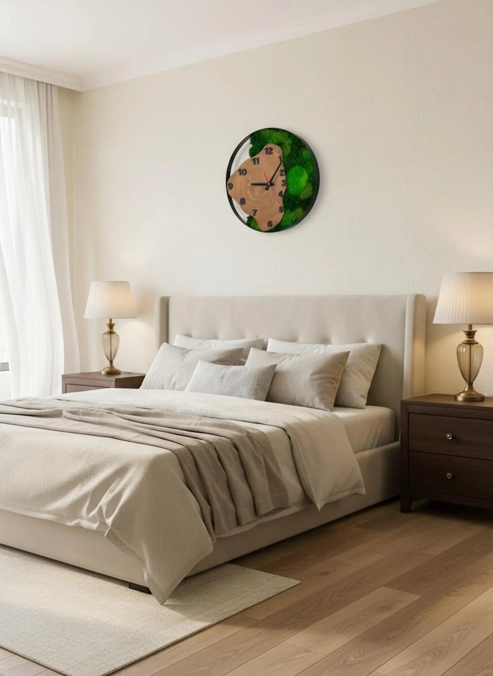Moss and Wood Wall Clock – Rustic Silent Quartz Clock with Metal Frame, Green Nature Decor Gift