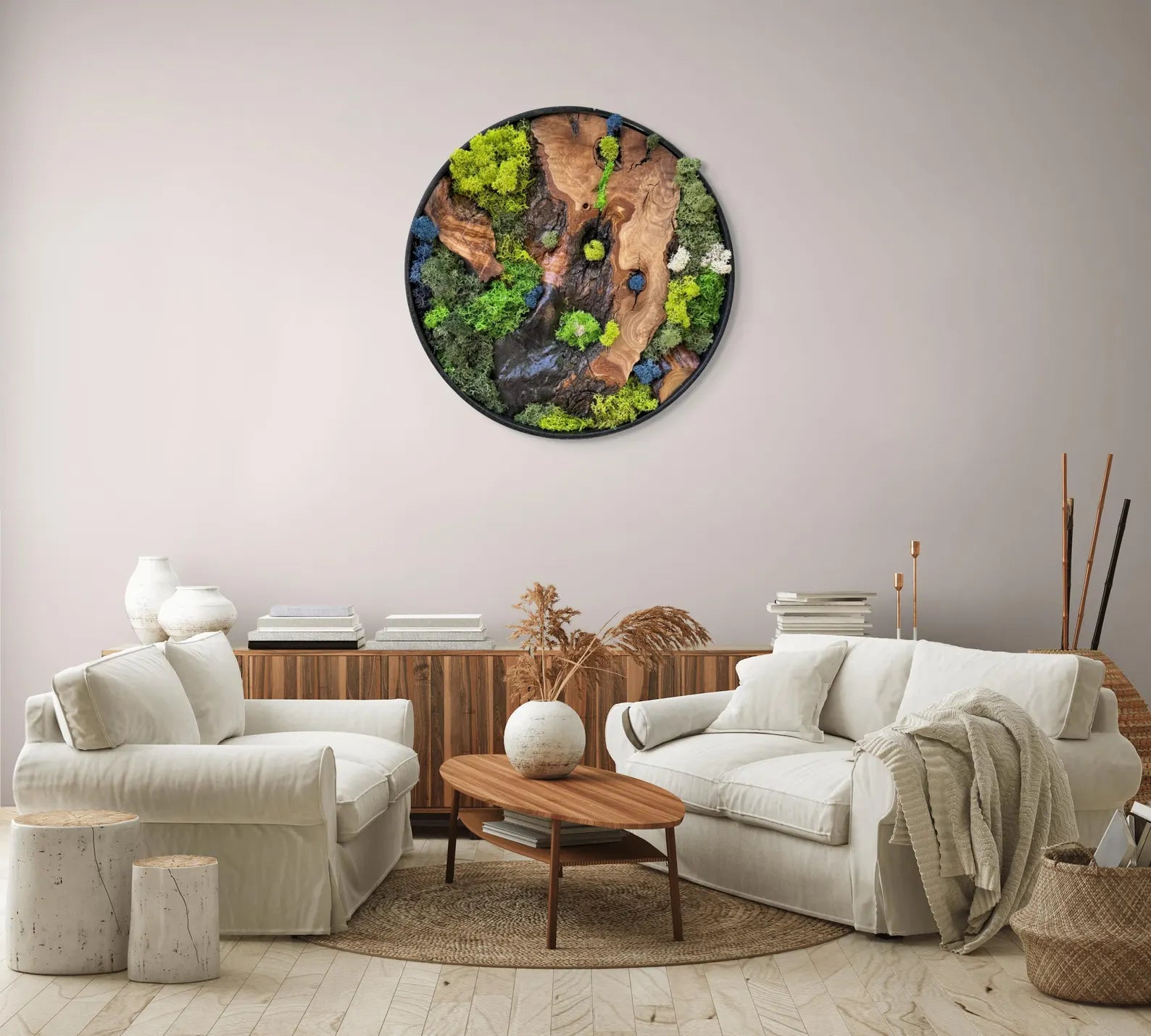 Moss and Olive Wood Wall Art – Metal Frame Preserved Moss Home Decor