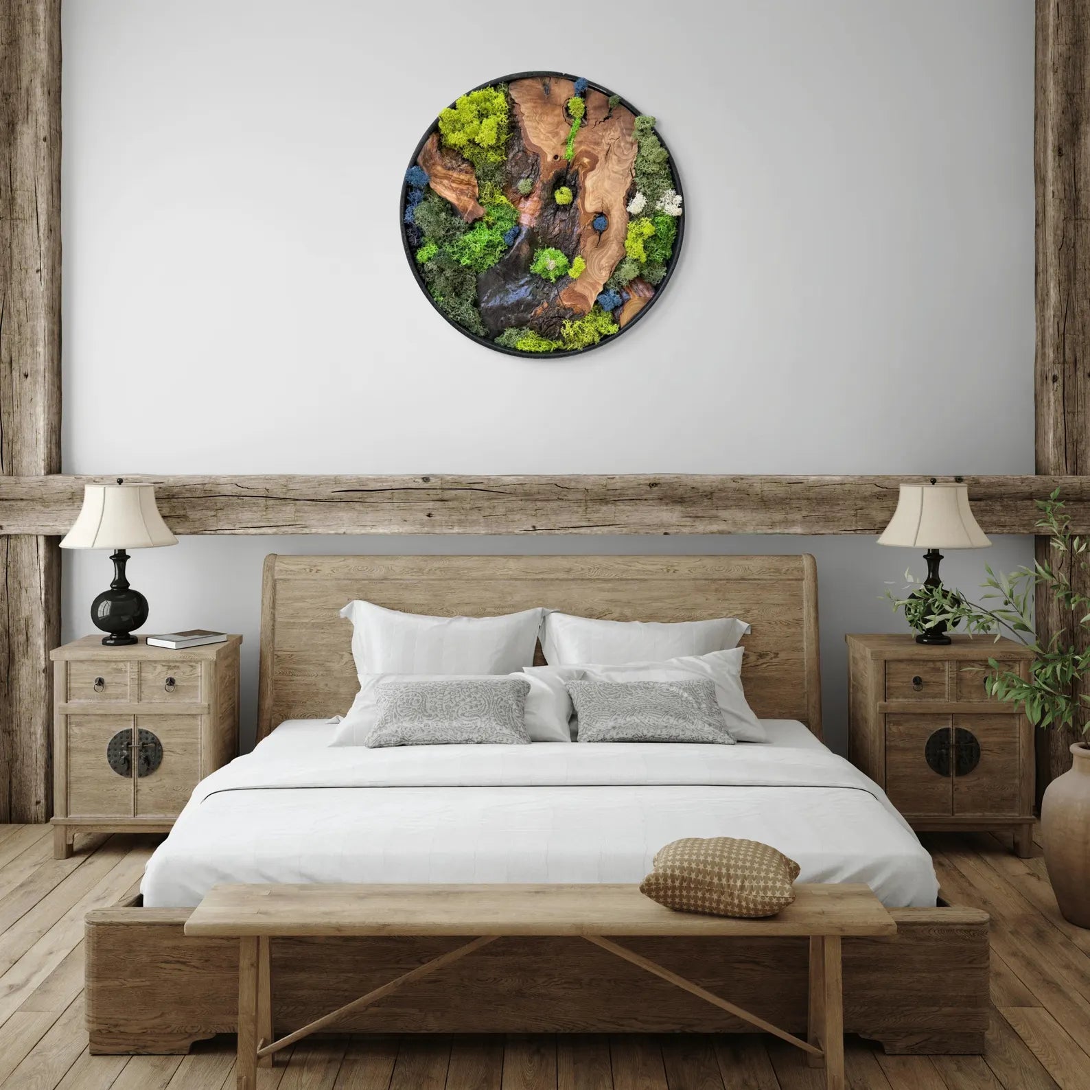 Moss and Olive Wood Wall Art – Metal Frame Preserved Moss Home Decor