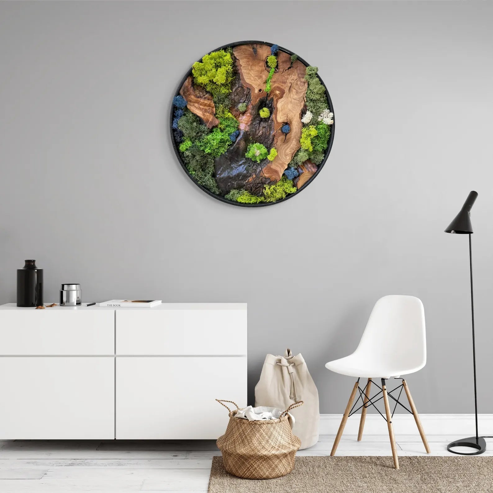 Moss and Olive Wood Wall Art – Metal Frame Preserved Moss Home Decor