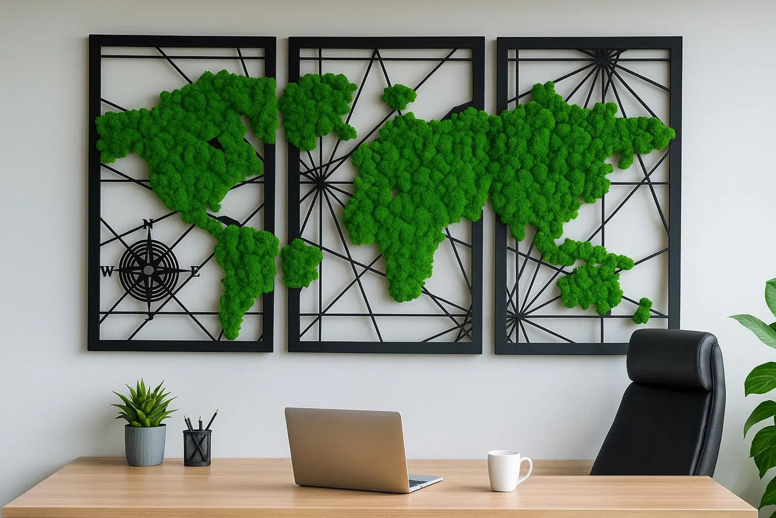 Triptych Moss World Map – 3 Panel Preserved Reindeer Moss Wall Art