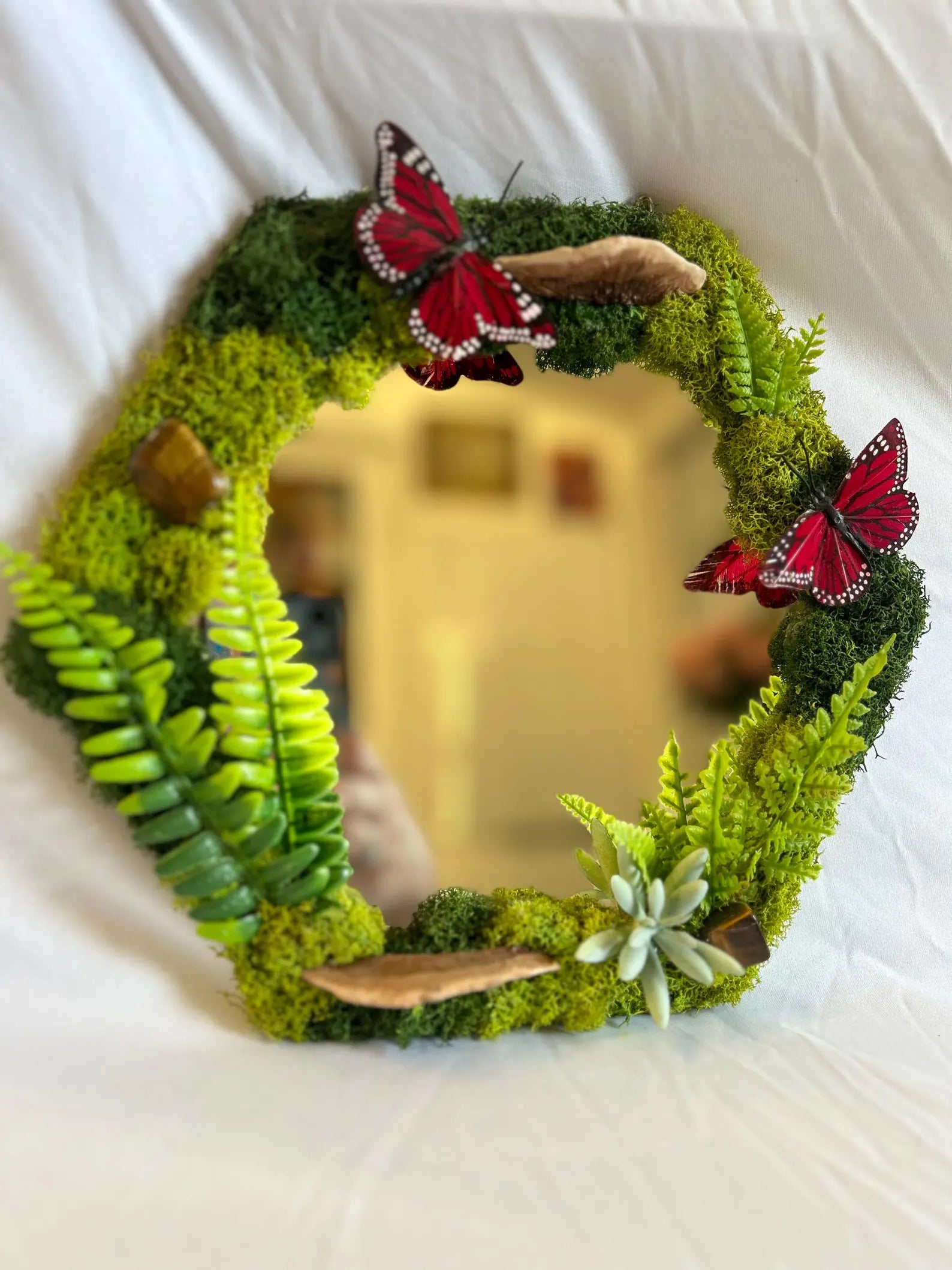 Red Butterfly Fairy Mirror with Preserved Moss and Crystal Art