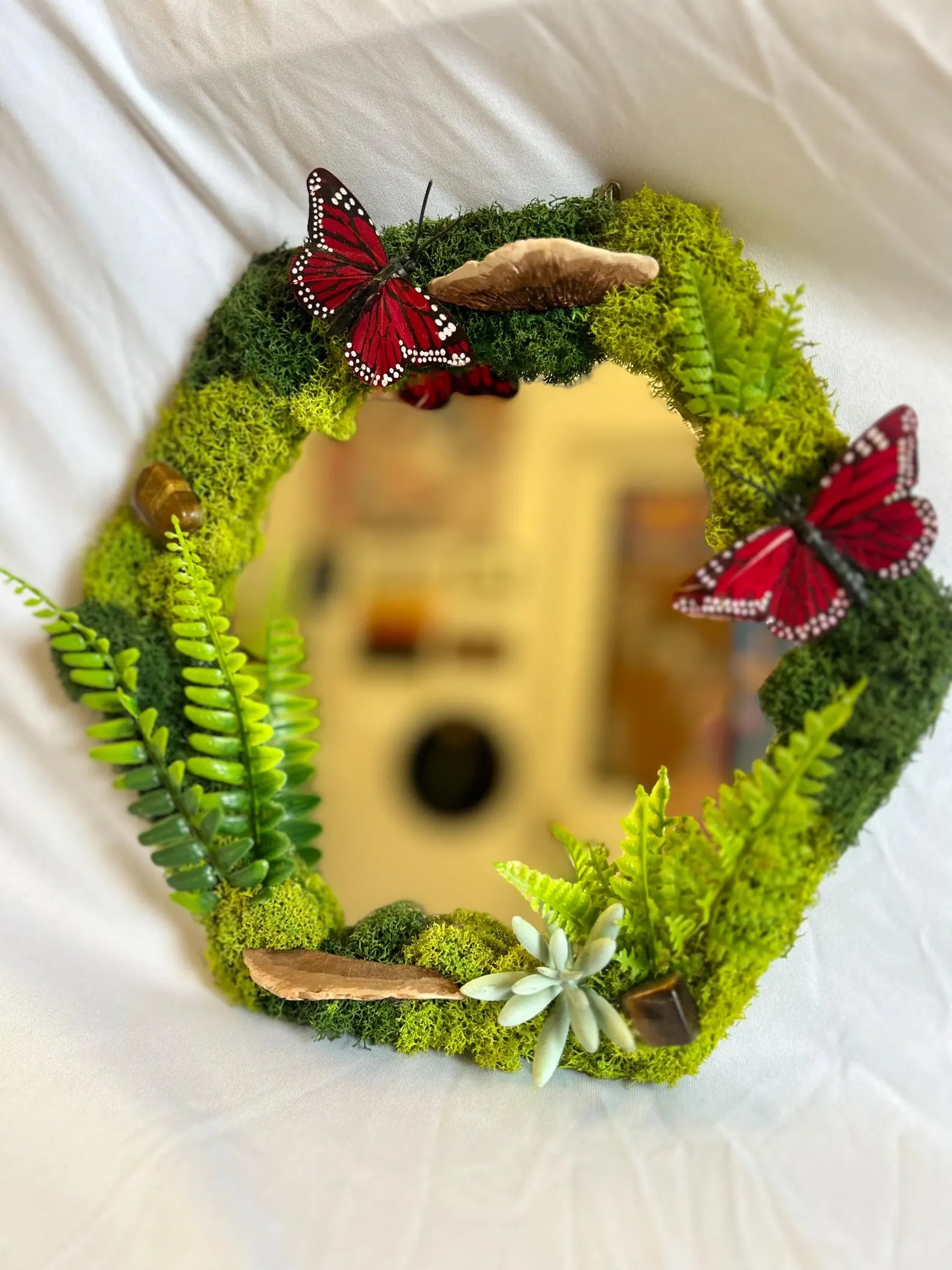 Red Butterfly Fairy Mirror with Preserved Moss and Crystal Art