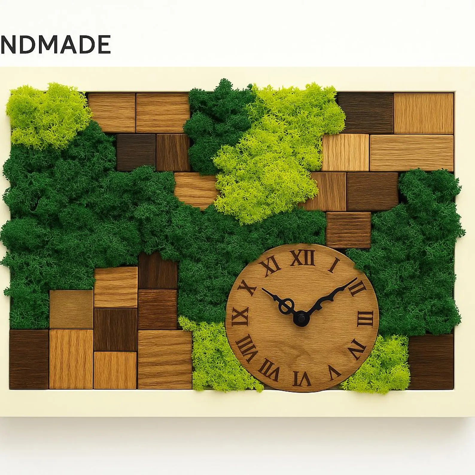 Handmade Moss Wall Clock – Wooden Mosaic with Preserved Green Moss | Eco-Friendly Rustic Home & Office Decor