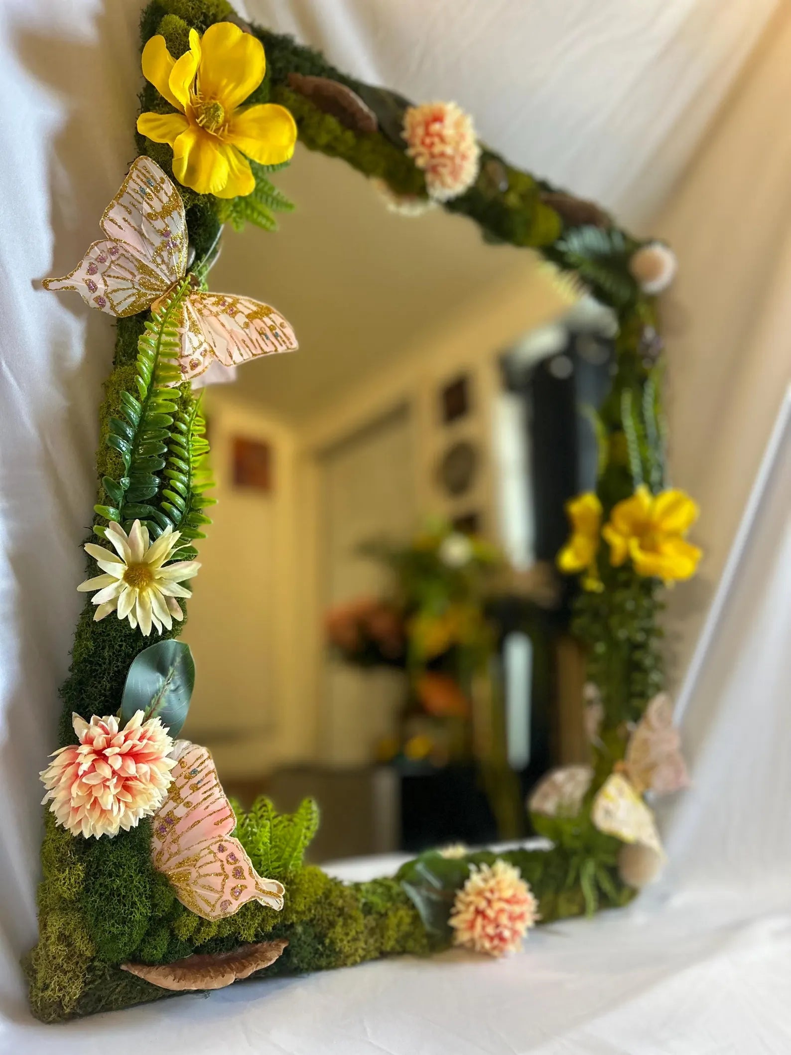 Yellow & Purple Butterfly Fairy Mirror with Preserved Moss and Crystal Art