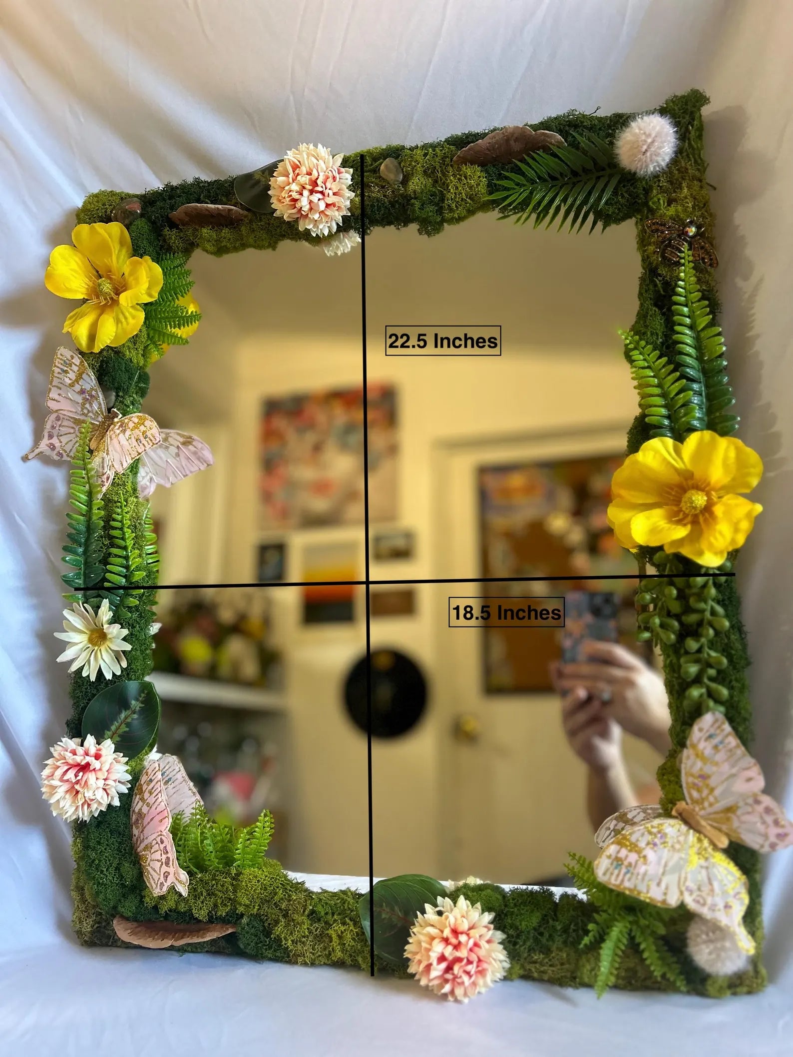 Yellow & Purple Butterfly Fairy Mirror with Preserved Moss and Crystal Art