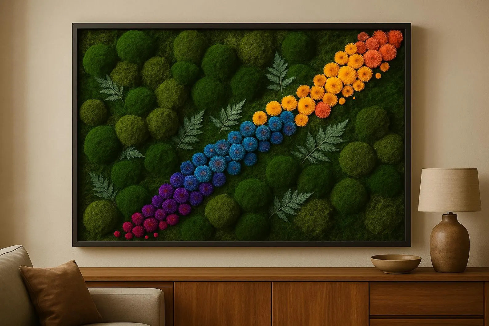 Preserved Moss Wall Art with LED Lights – Handmade Green Moss Frame for Home Decor