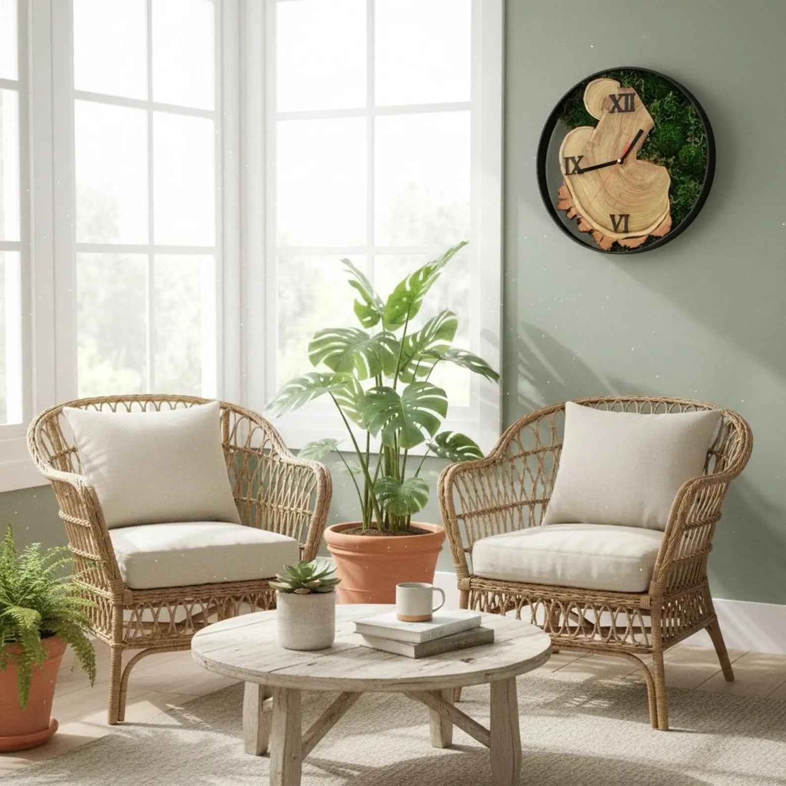 Oversized Moss Wall Clock – Wood Slice Design & Evergreen Home Decor