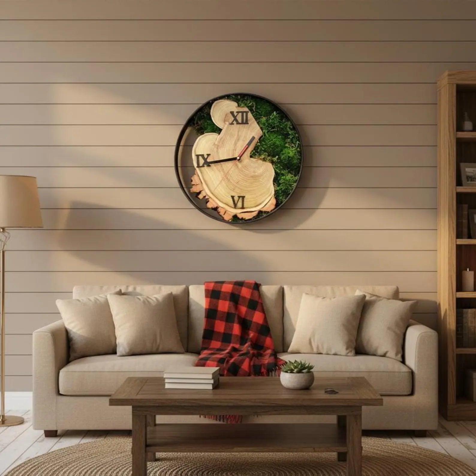 Oversized Moss Wall Clock – Wood Slice Design & Evergreen Home Decor