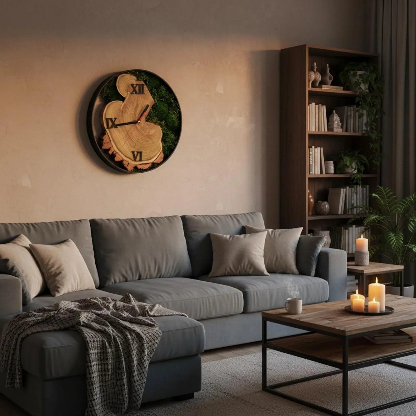 Oversized Moss Wall Clock – Wood Slice Design & Evergreen Home Decor