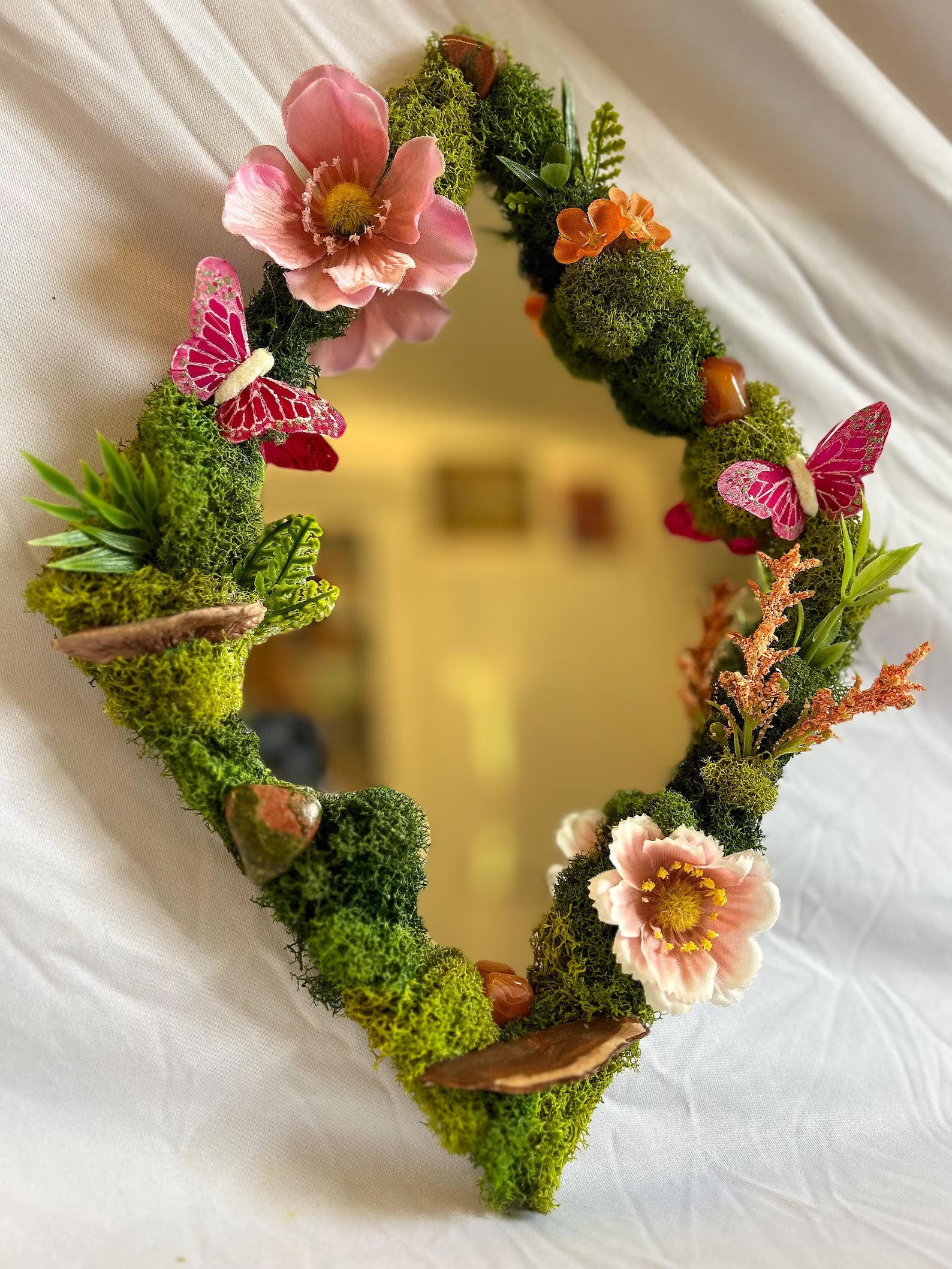 Pink & Orange Butterfly Fairy Mirror with Preserved Moss and Crystal Art