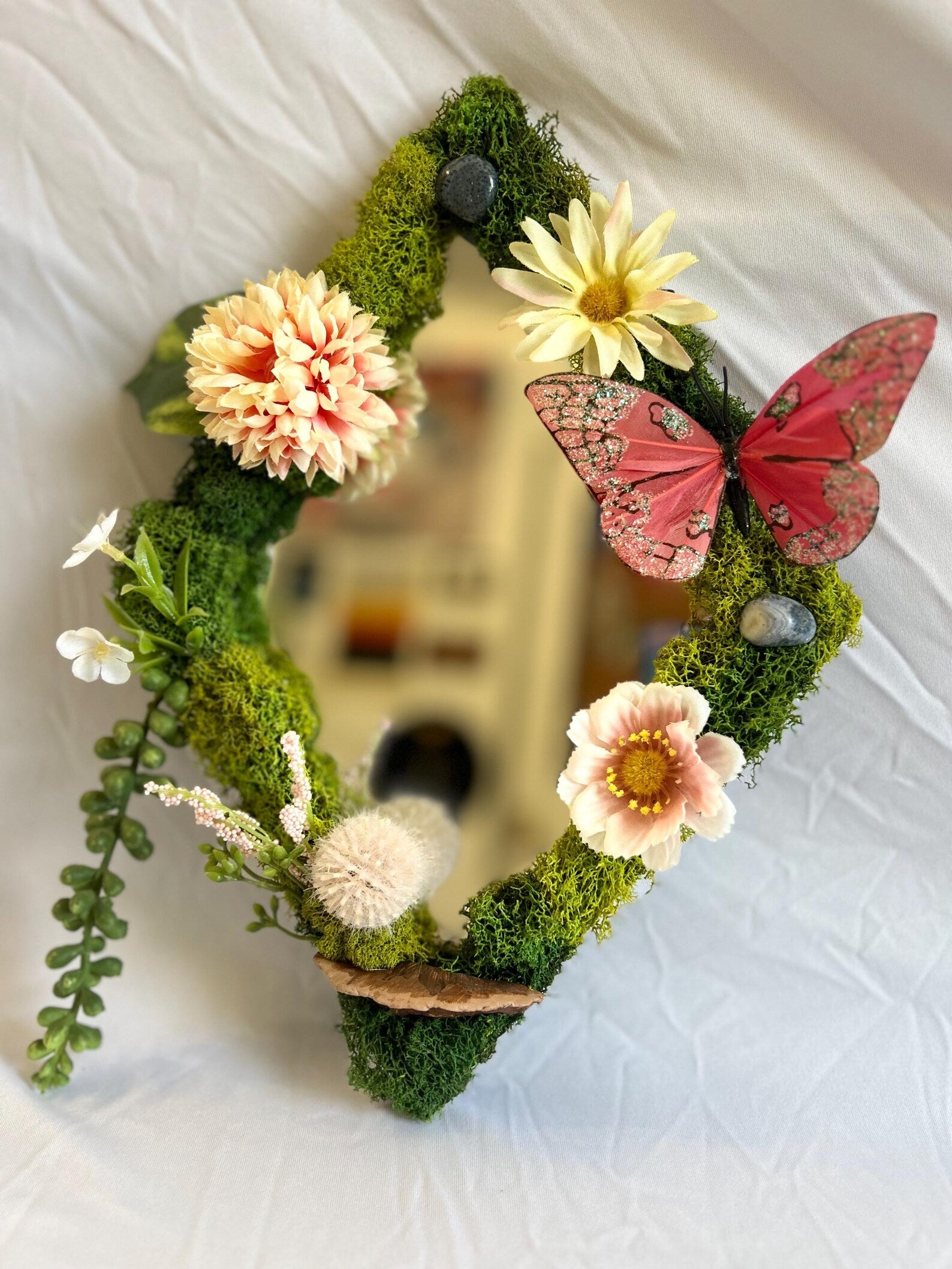 Pink Butterfly Fairy Mirror with Preserved Moss and Crystal Art