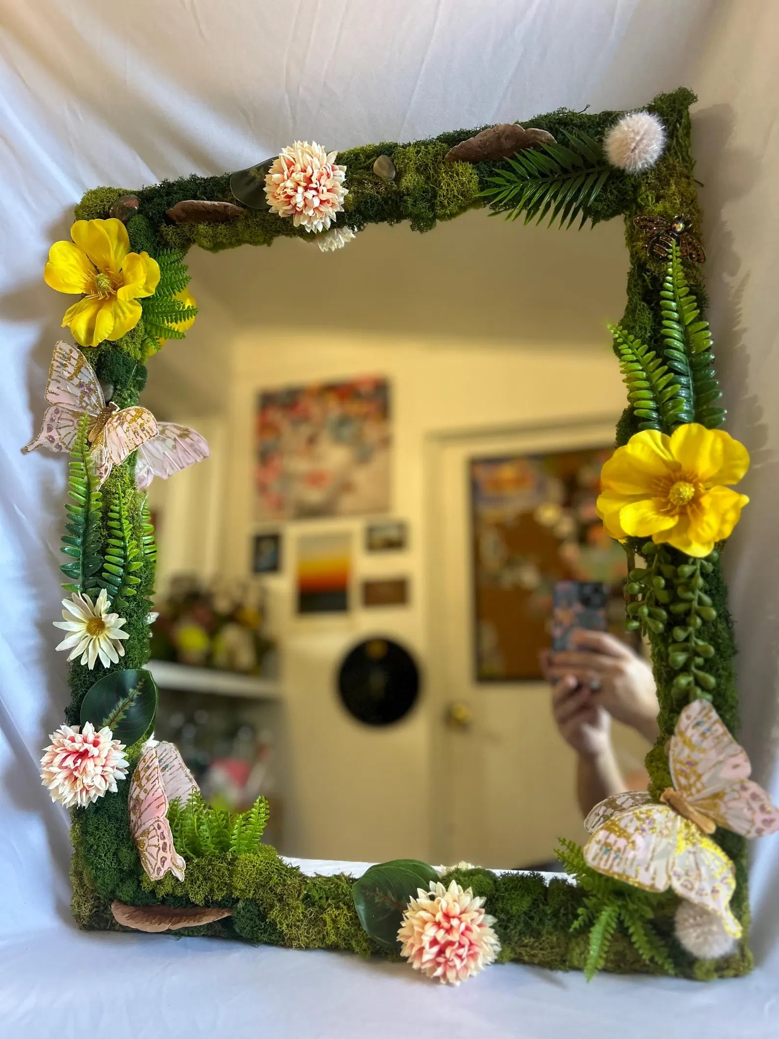 Yellow & Purple Butterfly Fairy Mirror with Preserved Moss and Crystal Art