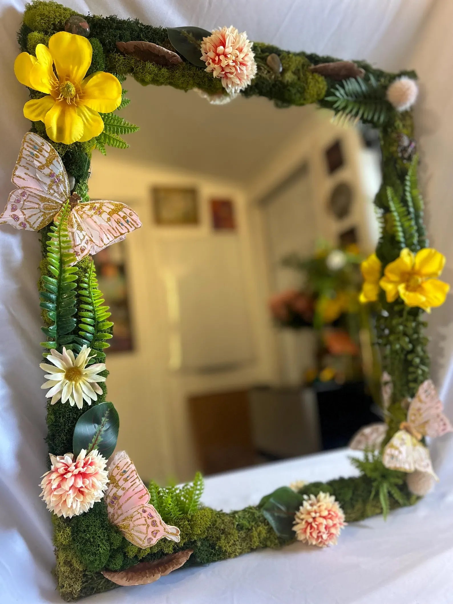 Yellow & Purple Butterfly Fairy Mirror with Preserved Moss and Crystal Art