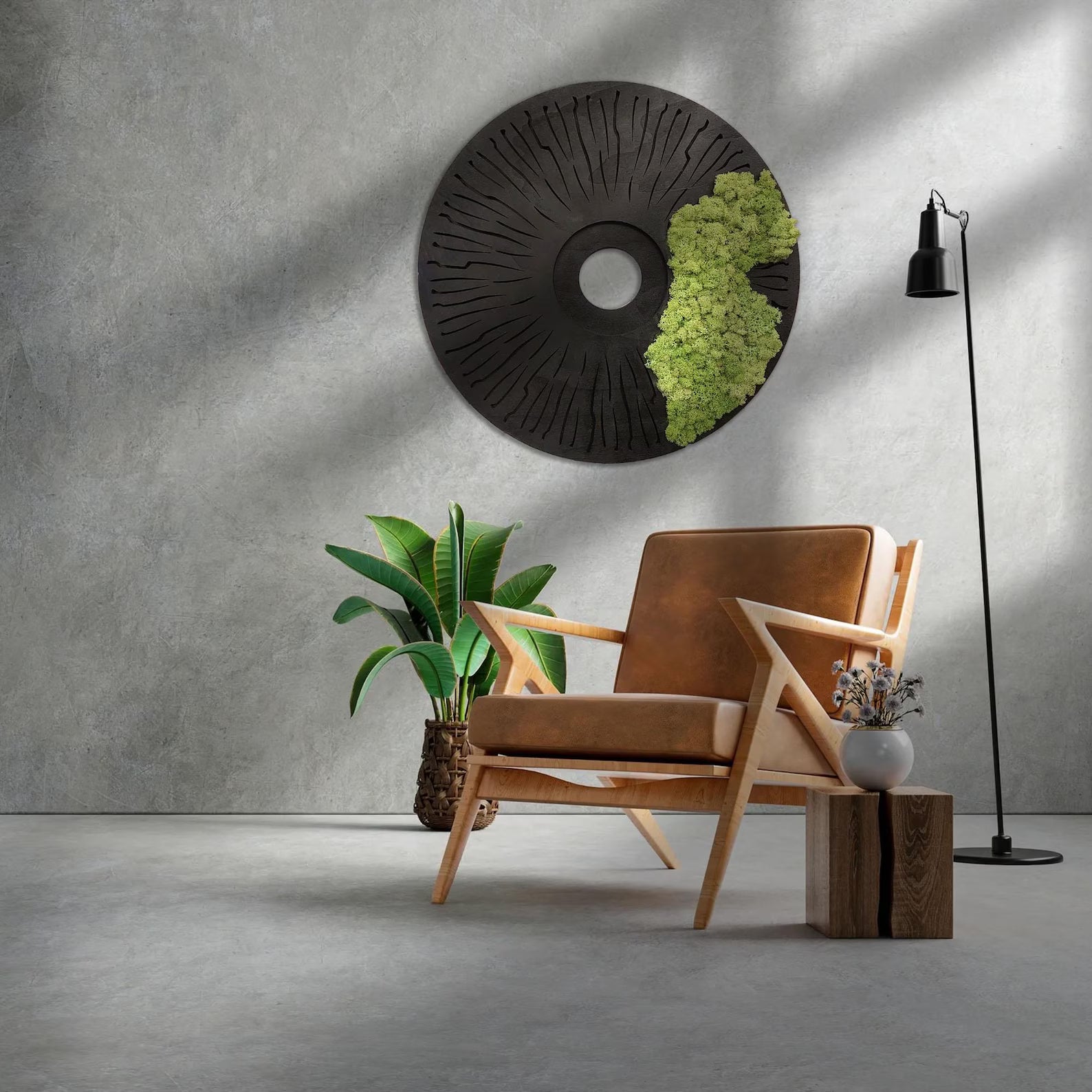 Round Moss Wall Art – Modern Black Circle Nature Decor for Home