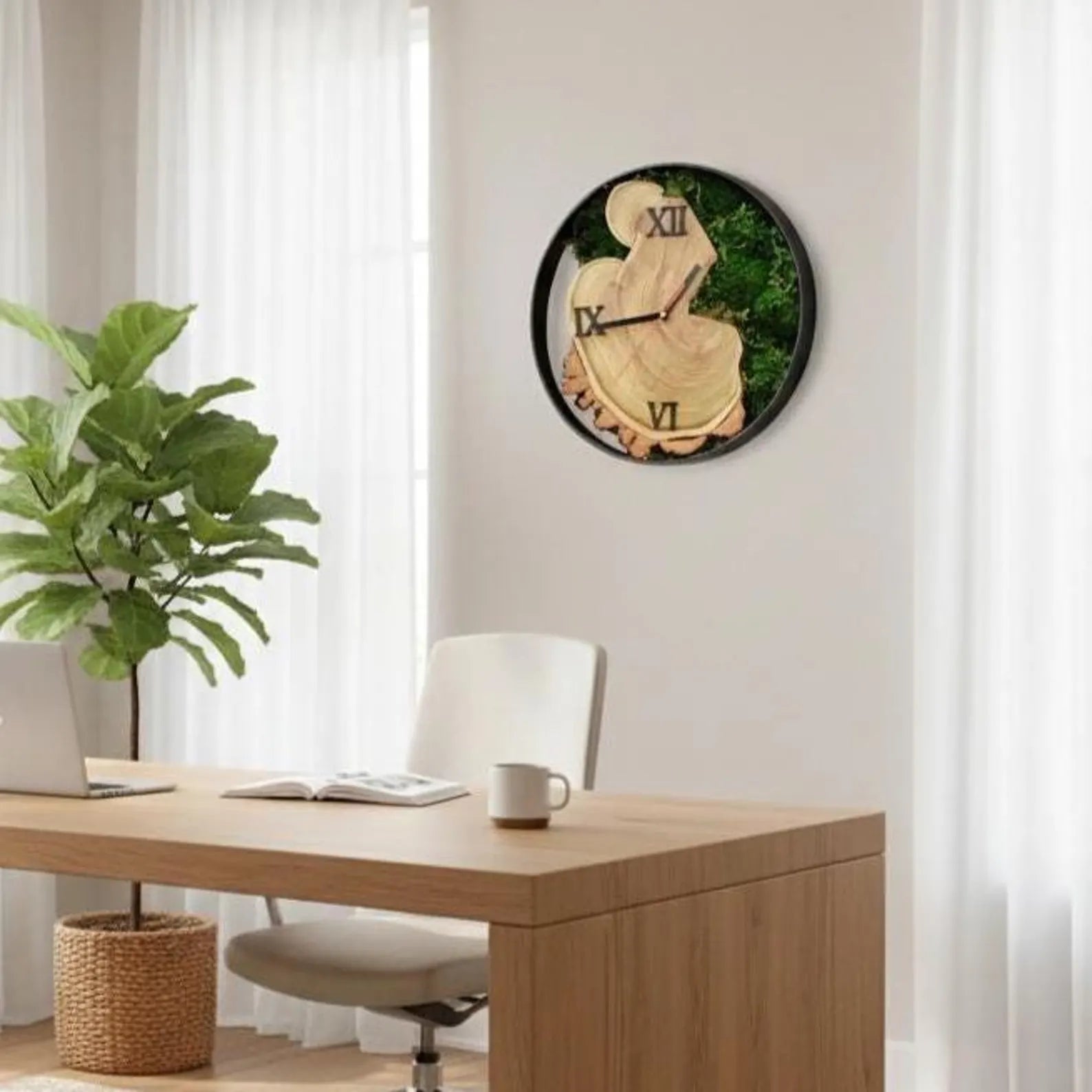 Oversized Moss Wall Clock – Wood Slice Design & Evergreen Home Decor