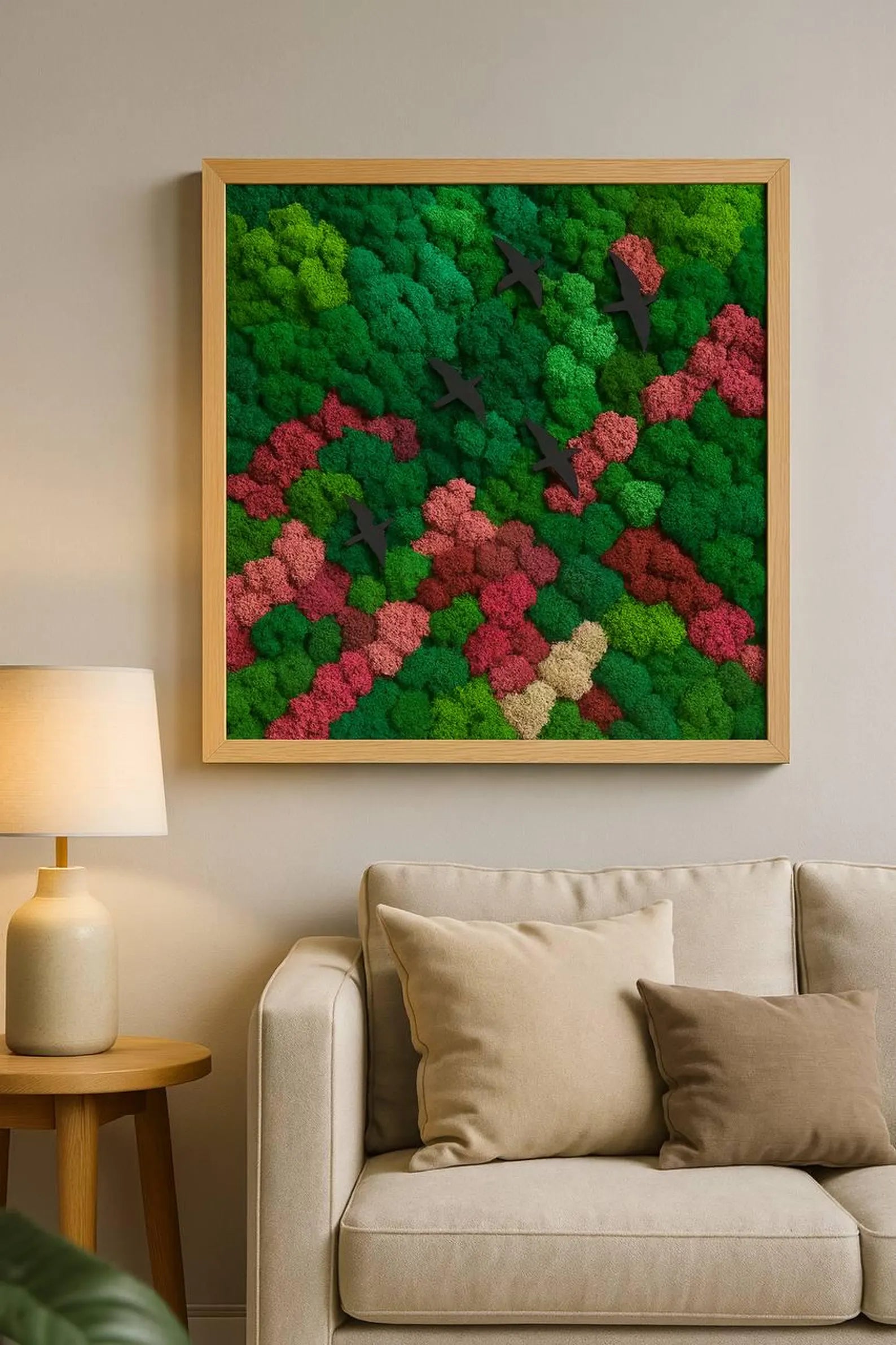 Preserved Reindeer Moss Wall Art – Wooden Frame with Birds and Spring Design
