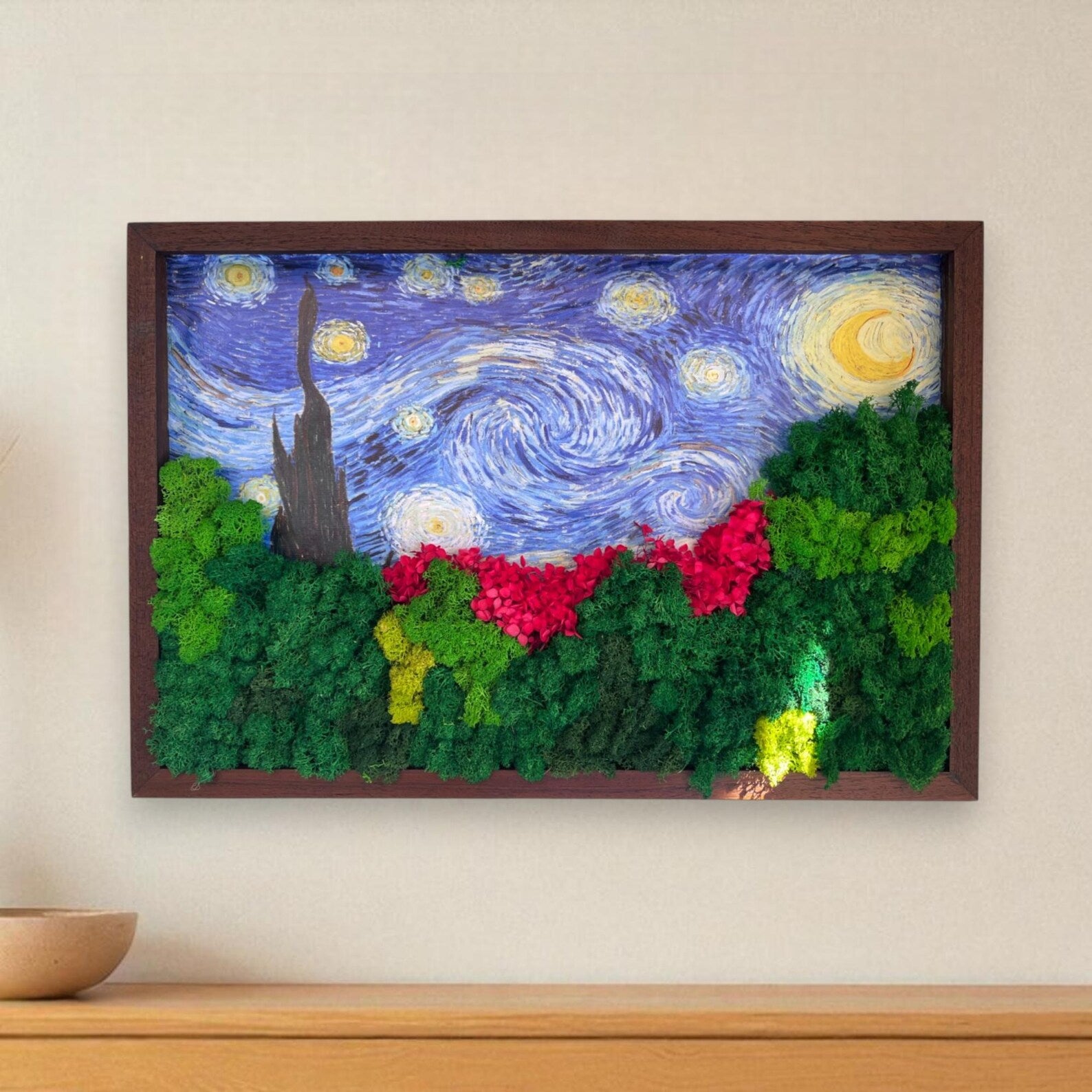 Large Starry Night Moss Art – Van Gogh Inspired Preserved Wall Decor (24x16")