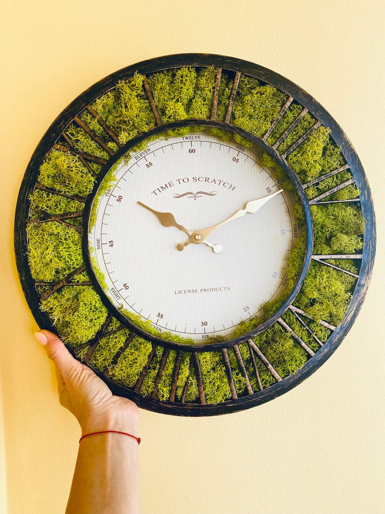 Unique Moss Wall Art Clock – Lemon Green Biophilic Decor, Wedding & Anniversary Gift