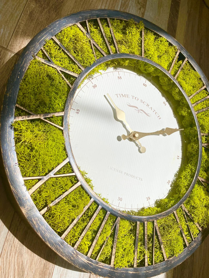 Unique Moss Wall Art Clock – Lemon Green Biophilic Decor, Wedding & Anniversary Gift