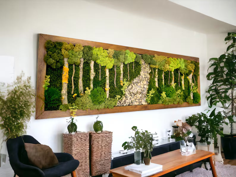 Large Moss Wall Art with Forest View & Wooden Frame for Home Decor