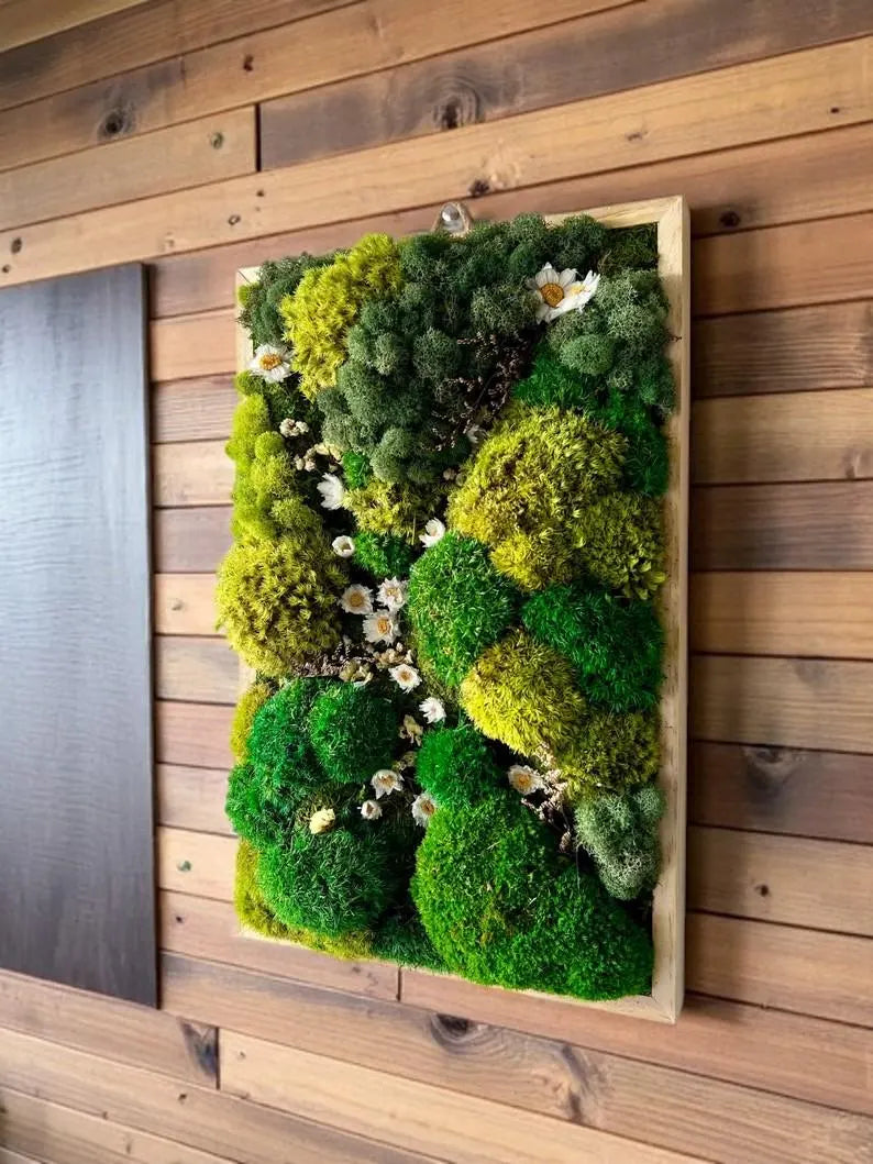 Preserved Moss Wall Art – Green Moss and Wood Decor with Floral Accents