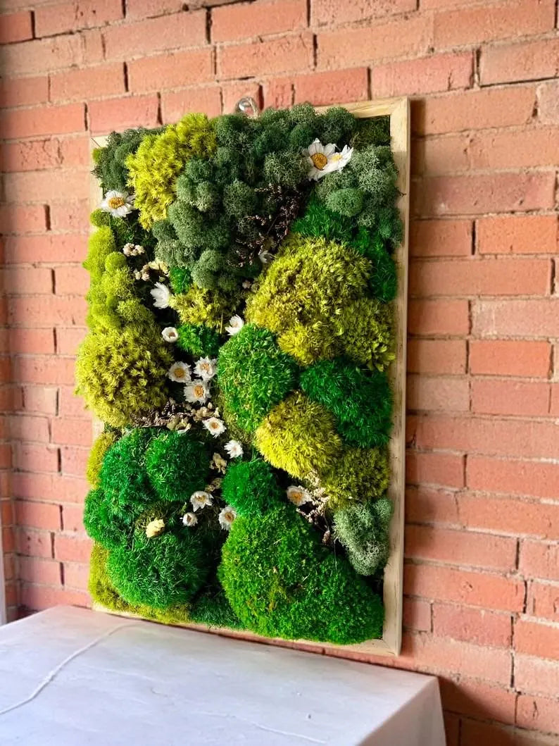 Preserved Moss Wall Art – Green Moss and Wood Decor with Floral Accents