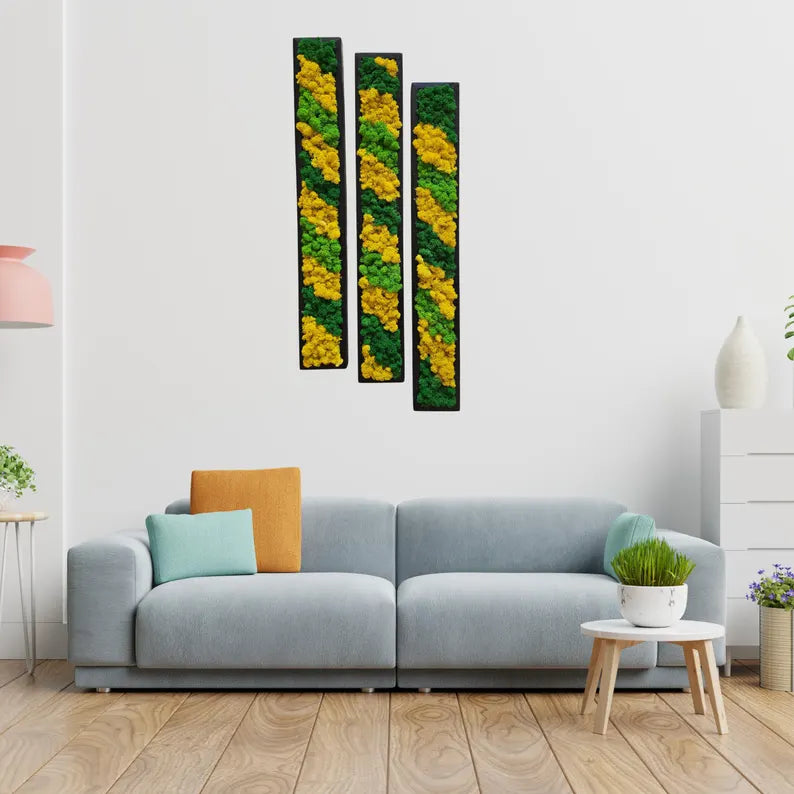 Set of 3 Reindeer Moss Wall Panels – Scandinavian Preserved Moss Art | Green-Yellow Biophilic Decor