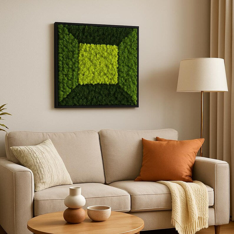Preserved Moss Wall Art 24x24 – Eco-Friendly Green Plant Decor in Black Frame
