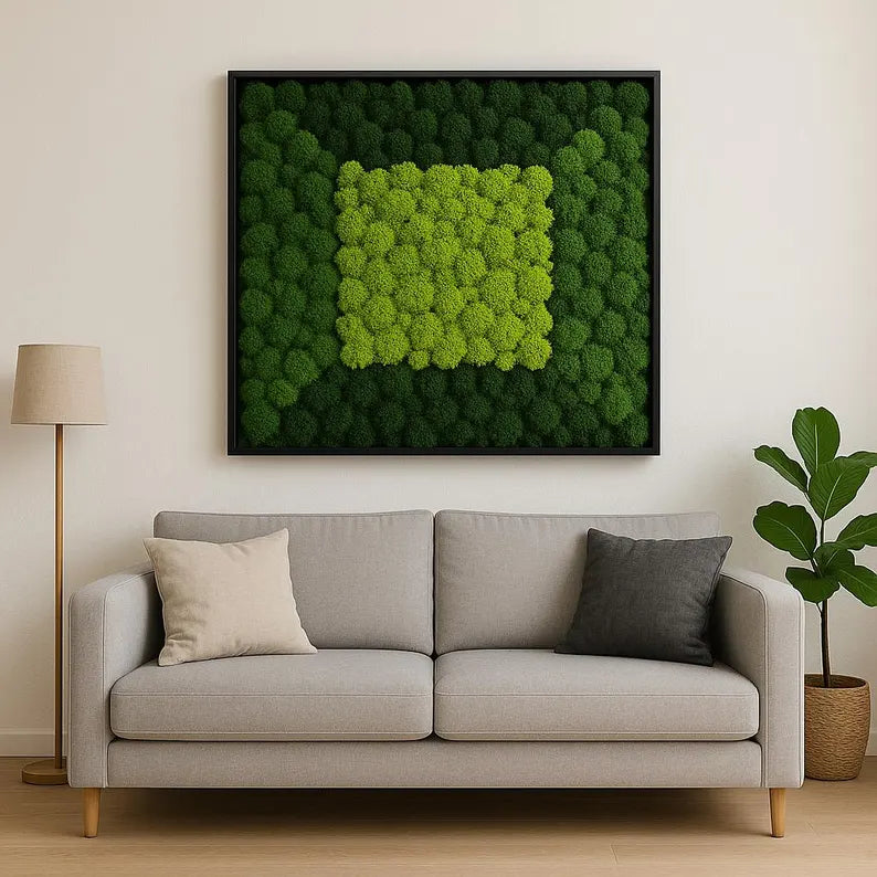 Preserved Moss Wall Art 24x24 – Eco-Friendly Green Plant Decor in Black Frame