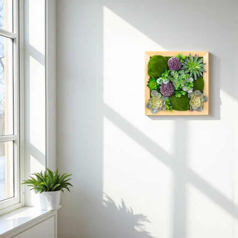 Square Moss Wall Art – Preserved Flower Wood Frame Decor
