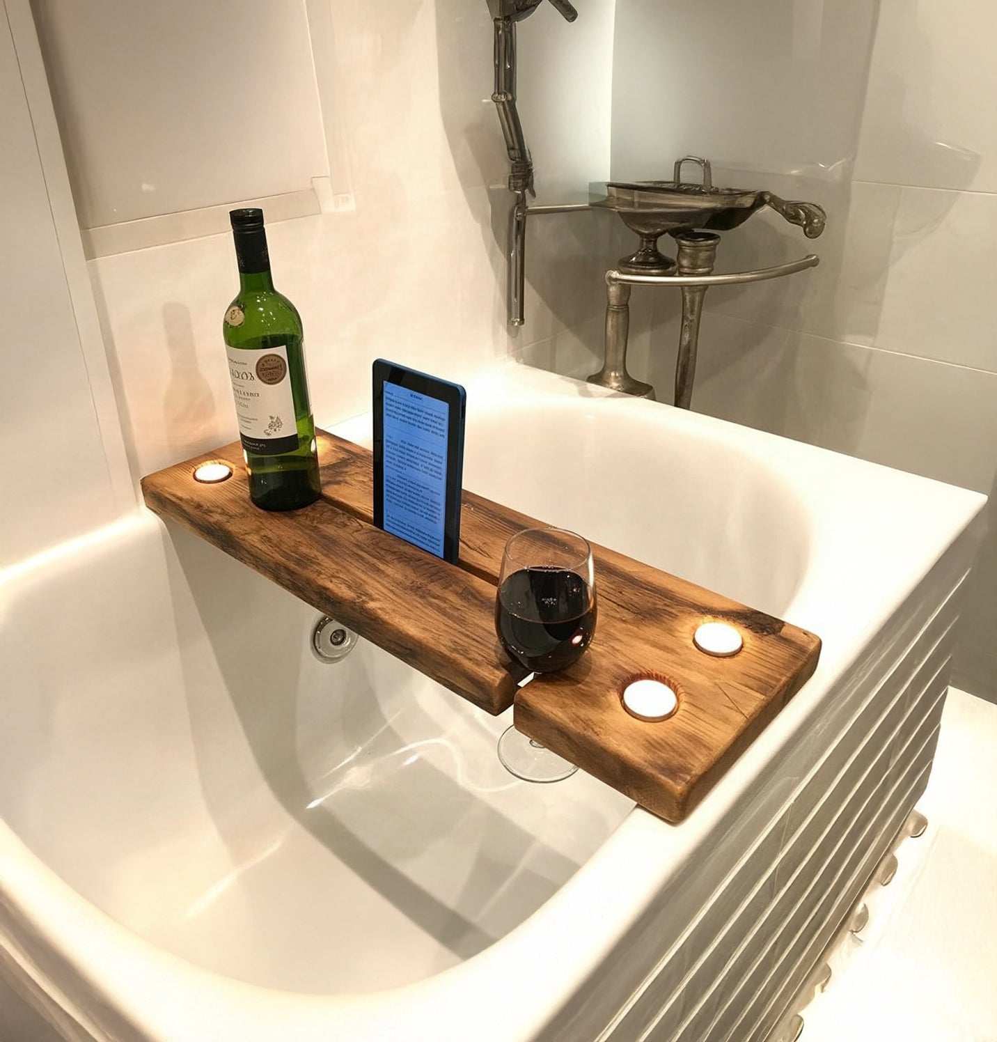 Rustic Wooden Bathtub Tray – Luxury Bath Caddy with Wine & Tablet Holder