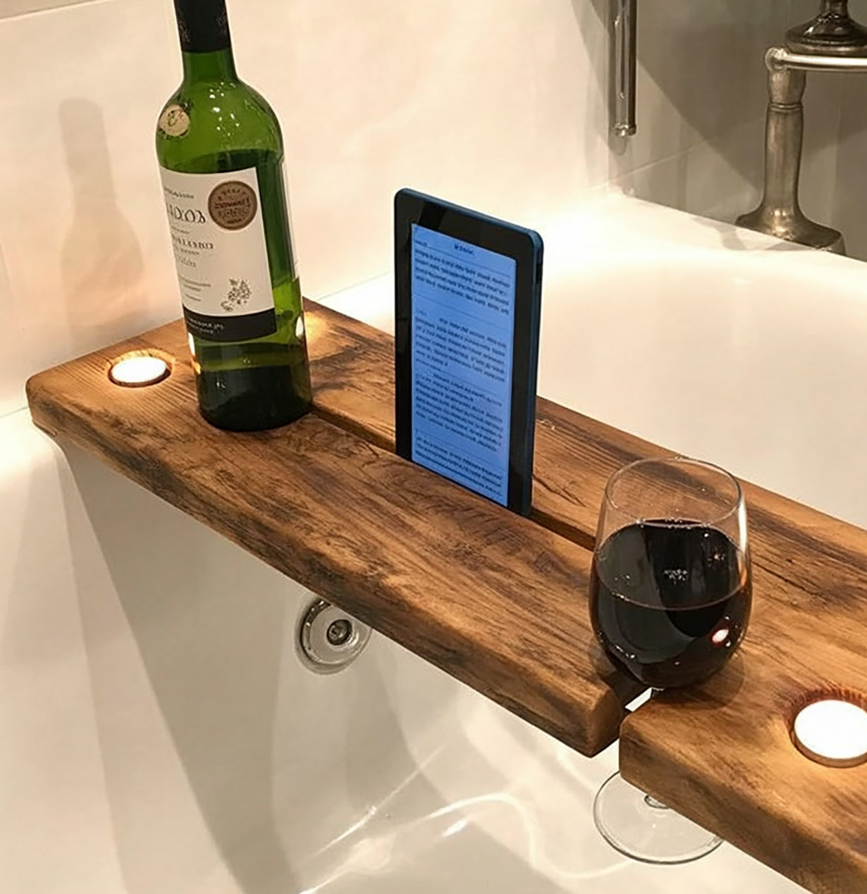 Rustic Wooden Bathtub Tray – Luxury Bath Caddy with Wine & Tablet Holder