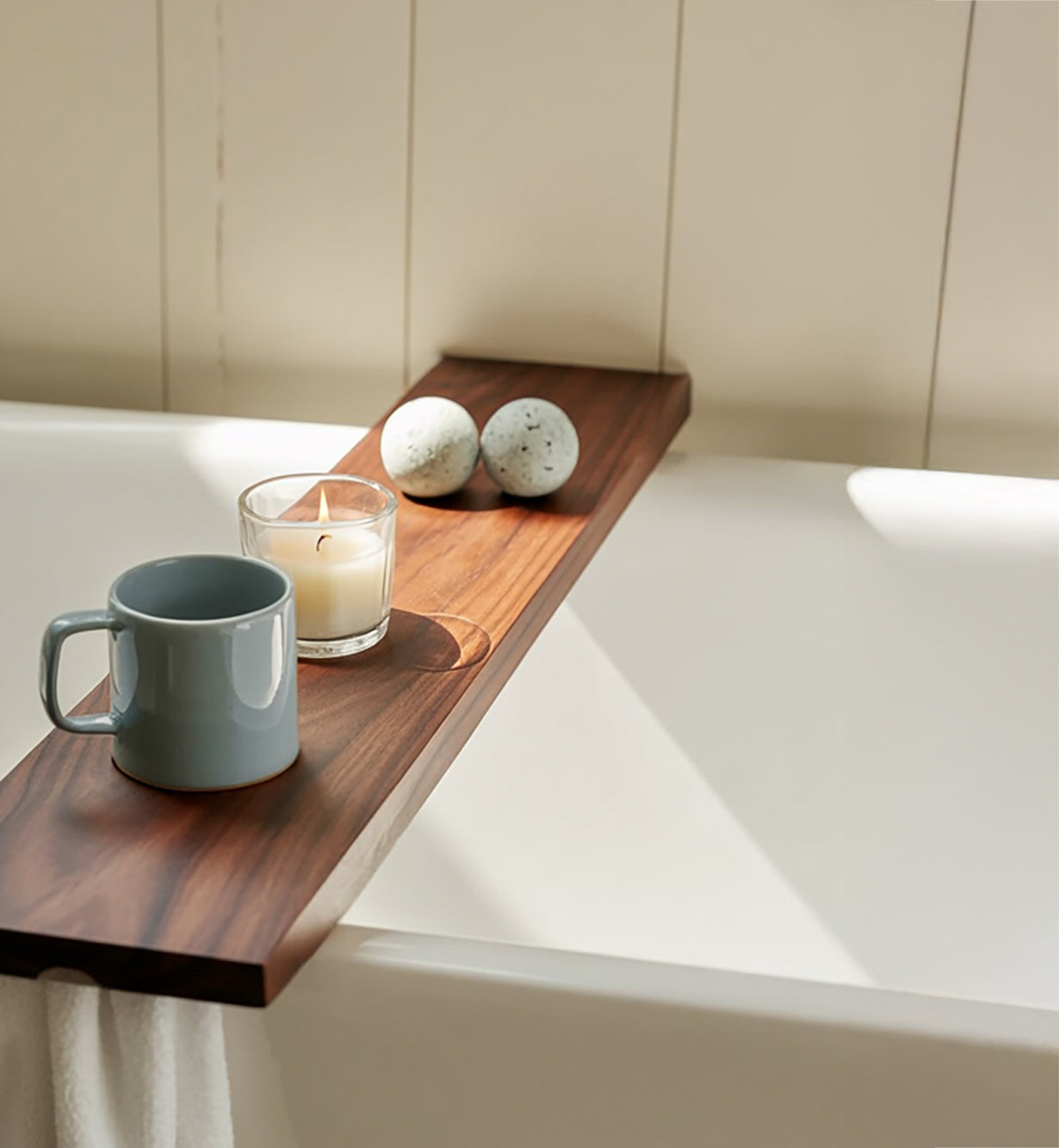 Solid Wood Bath Tray with Towel Slot – Minimalist Luxury Bathtub Caddy