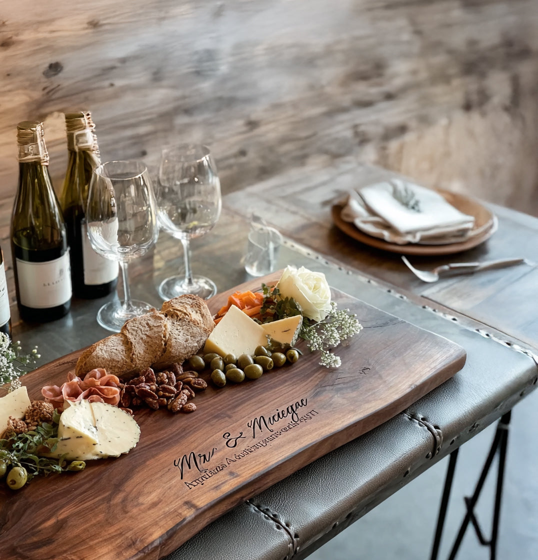 Rustic wooden charcuterie board with cheese, olives, nuts, sliced bread, and prosciutto on table